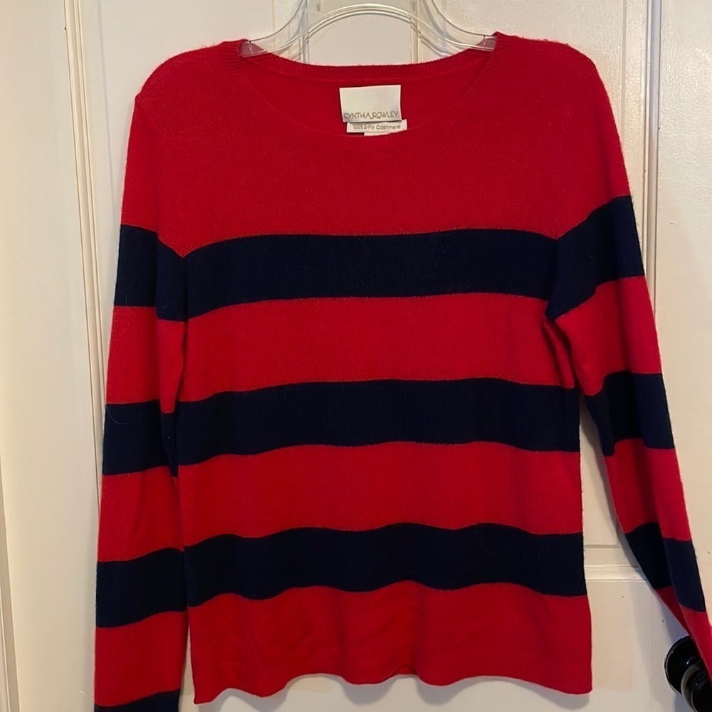 Cynthia Rowley 100% 2-Ply Cashmere red and blue striped sweater. Size large